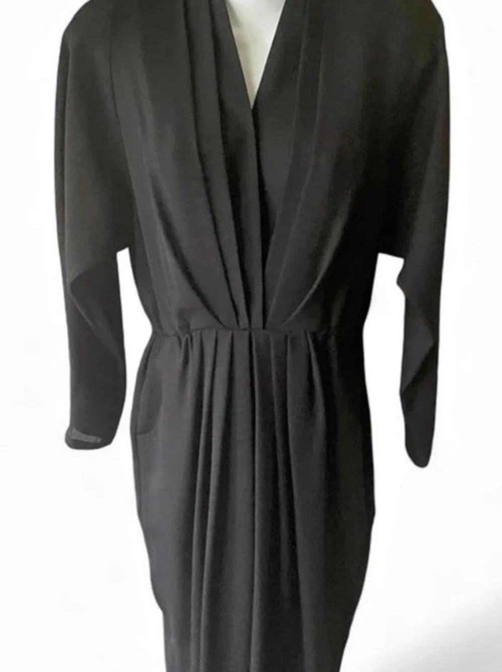 VTG 80s Leslie Fay Petites Black Midi Dress Size 8 Sheer Pleated V Neck Crepe